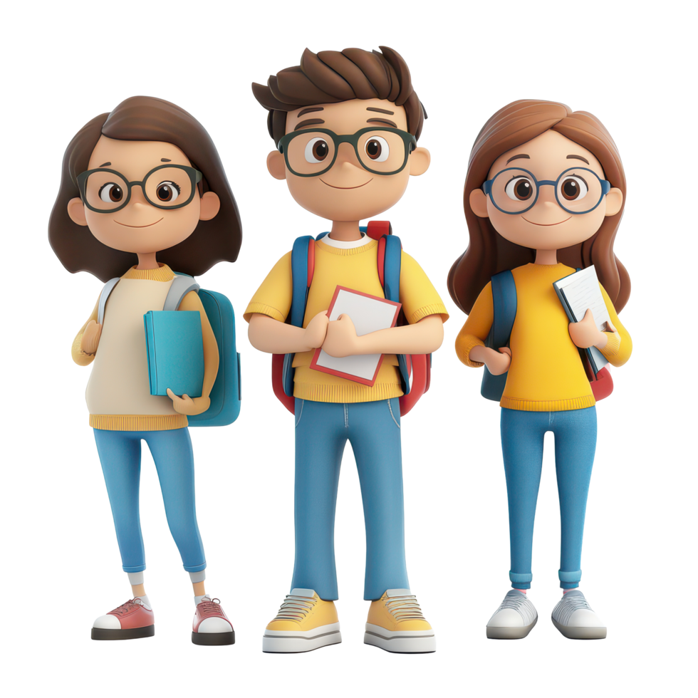 Three cute cartoon students standing together with books and backpacks in a bright and cheerful setting, 3D Cartoon Character Group - Cute Student Boys, Isolated transparent background png