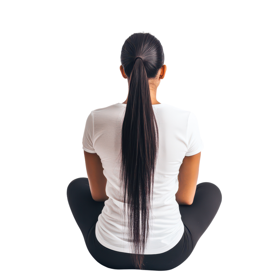 Woman sitting with a ponytail, facing away against a backdrop in a tranquil indoor setting, Back View Woman Sitting with Ponytail on transparent background png