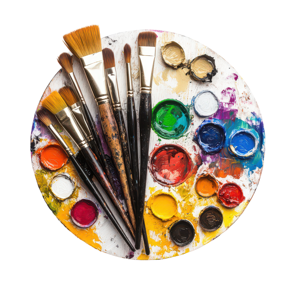 Artistic palette filled with vibrant paints and brushes used for creative expression in a bright workspace, Artistic Palette with Paintbrushes and Paints, transparent background. png