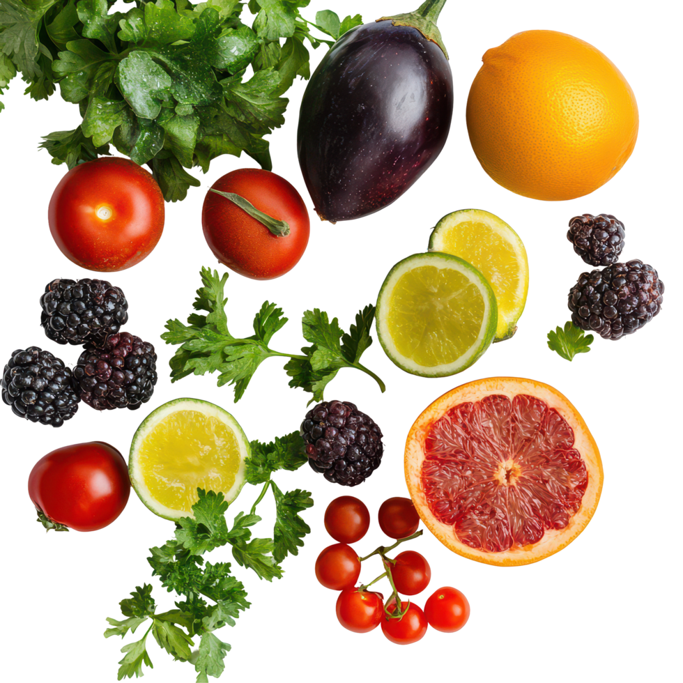 Assorted fruits and vegetables arranged artistically on a transparent background highlighting freshness and nutrition, Assorted fruits and vegetables on transparent background png