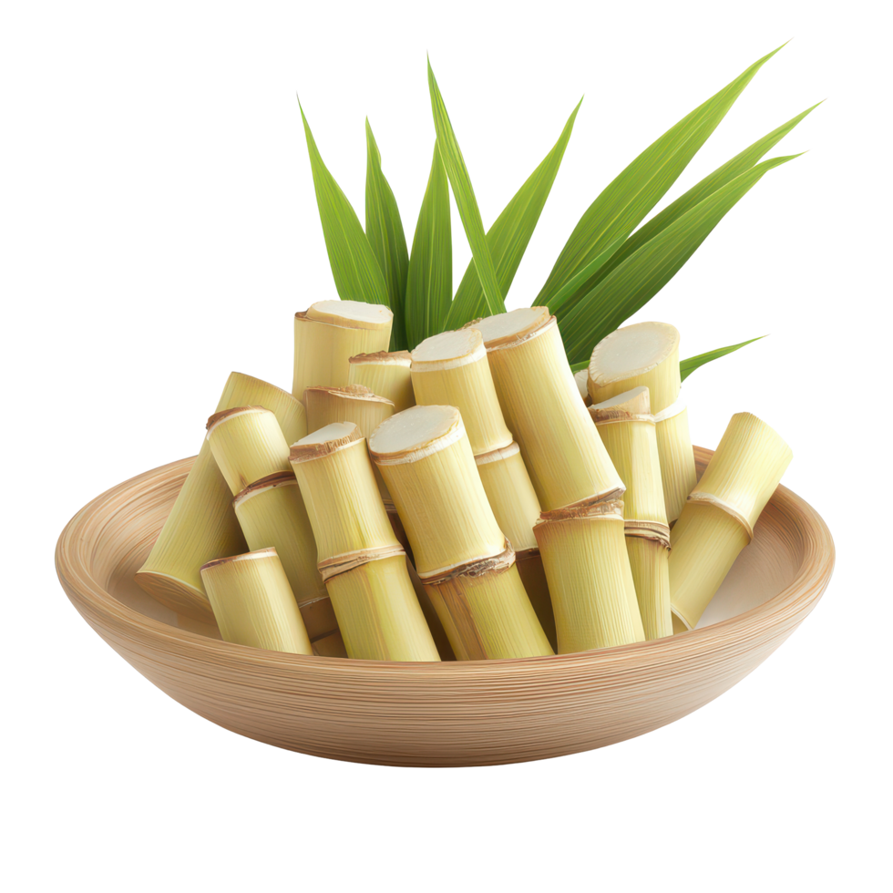 Fresh bamboo shoots arranged in a wooden plate isolated on a transparent background for culinary presentation, Bamboo shoot in a plateisolated on transparent background png
