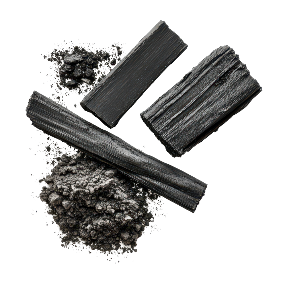 Activated charcoal and powder displayed on a transparent background for health and wellness applications, Activated charcoal and powder isolated on transparent background png