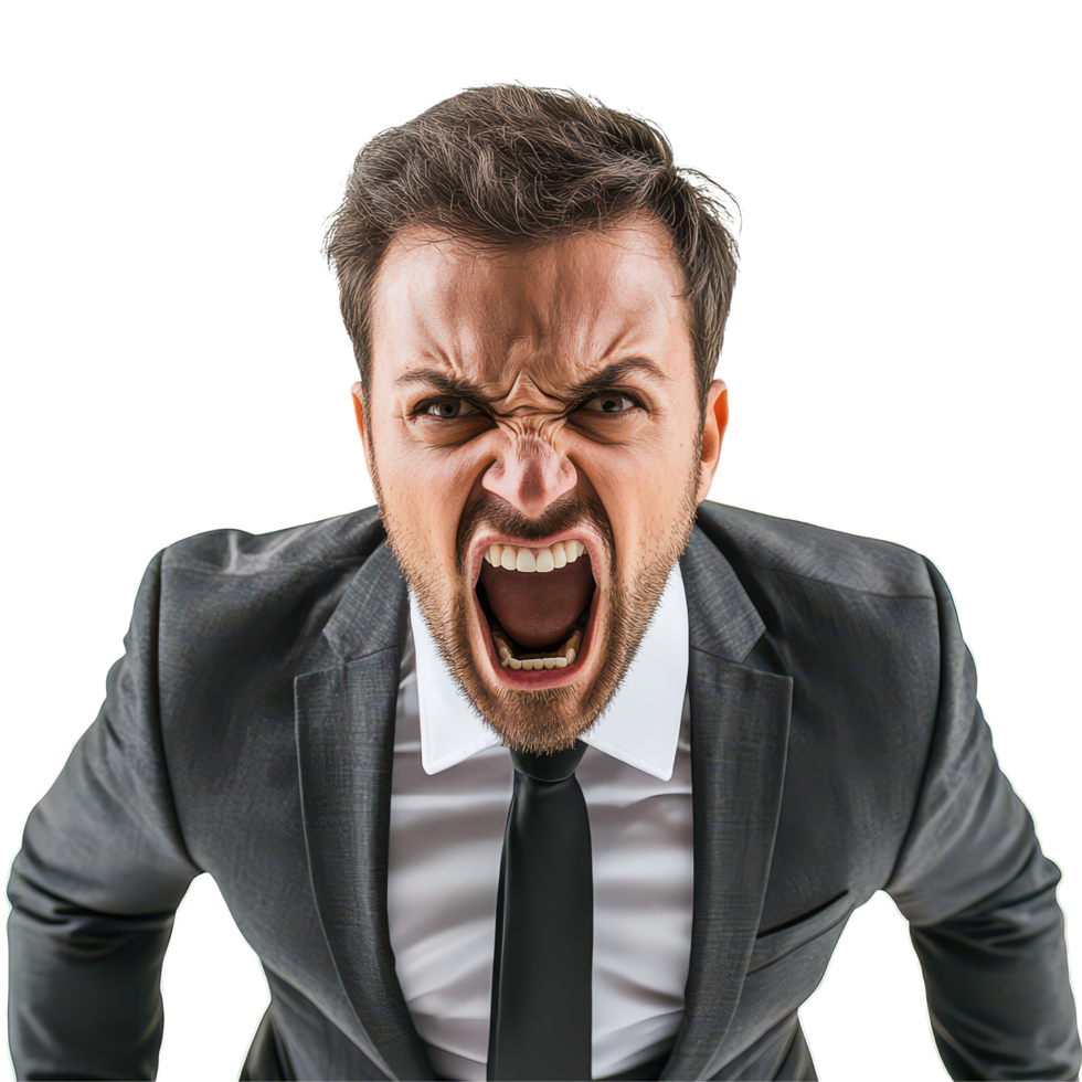 Angry businessman shouting angrily on a transparent background during a stressful meeting in a corporate office, Angry Businessman Shouting on transparent background png