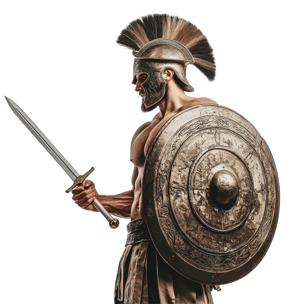 Ancient Greek warrior stands ready with sword and shield, embodying the spirit of valiant combat in history, ancient greek warrior man sword and shield isolated on transparent background png