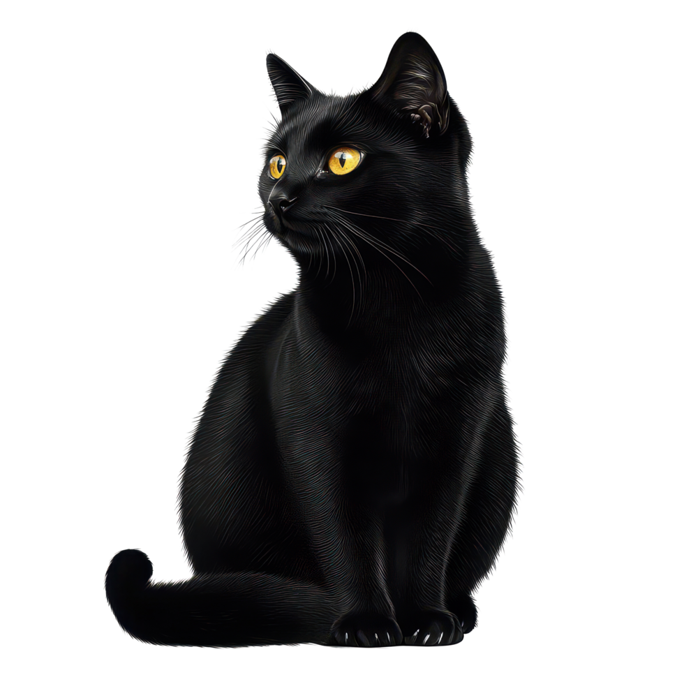 A sleek black cat sits gracefully against a bright transparent background, showcasing its striking features and yellow eyes, black cat sitisolated transparent background png