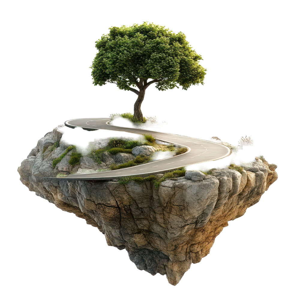 A winding road floating above rocky islands beneath a solitary tree surrounded, 3D realistic a Floating Road with Tree on Rocky Island, isolated on transparent background Background png