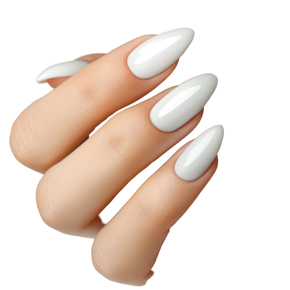Elegant woman's hand showcasing a stunning manicure with almond-shaped nails against a soft background, A woman's hand with a beautiful manicure, transparent background. png