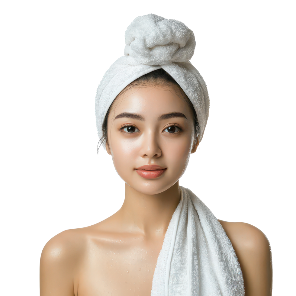 An Asian woman enjoys a relaxing spa treatment with a towel wrapped around, Asian Woman with Towel Wrapped Around Head, Spa and Skincare Concept Isolated on transparent background png
