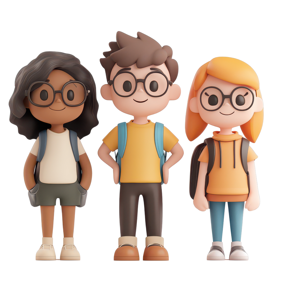 A group of three cute cartoon characters standing together in a bright setting, ready for a fun adventure, 3D Cartoon Character Group - Cute Students, transparent background png