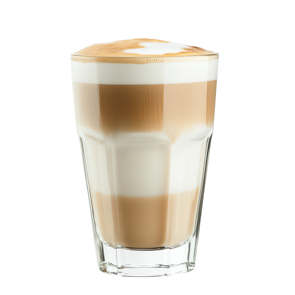 Creamy layered coffee with milk and foam, served in a clear glass against a transparent background, A glass coffee with milk and foam on top, transparent background. png