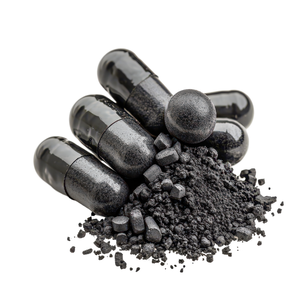 Activated charcoal carbon pills and powder isolated on a clean transparent background for health and wellness, Activated charcoal carbon pillsisolated on transparent background png