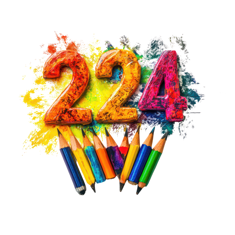 Colorful representation of New Year goals with vibrant numbers and crayons on a transparent background, 2024 New Year Goals on transparent background png