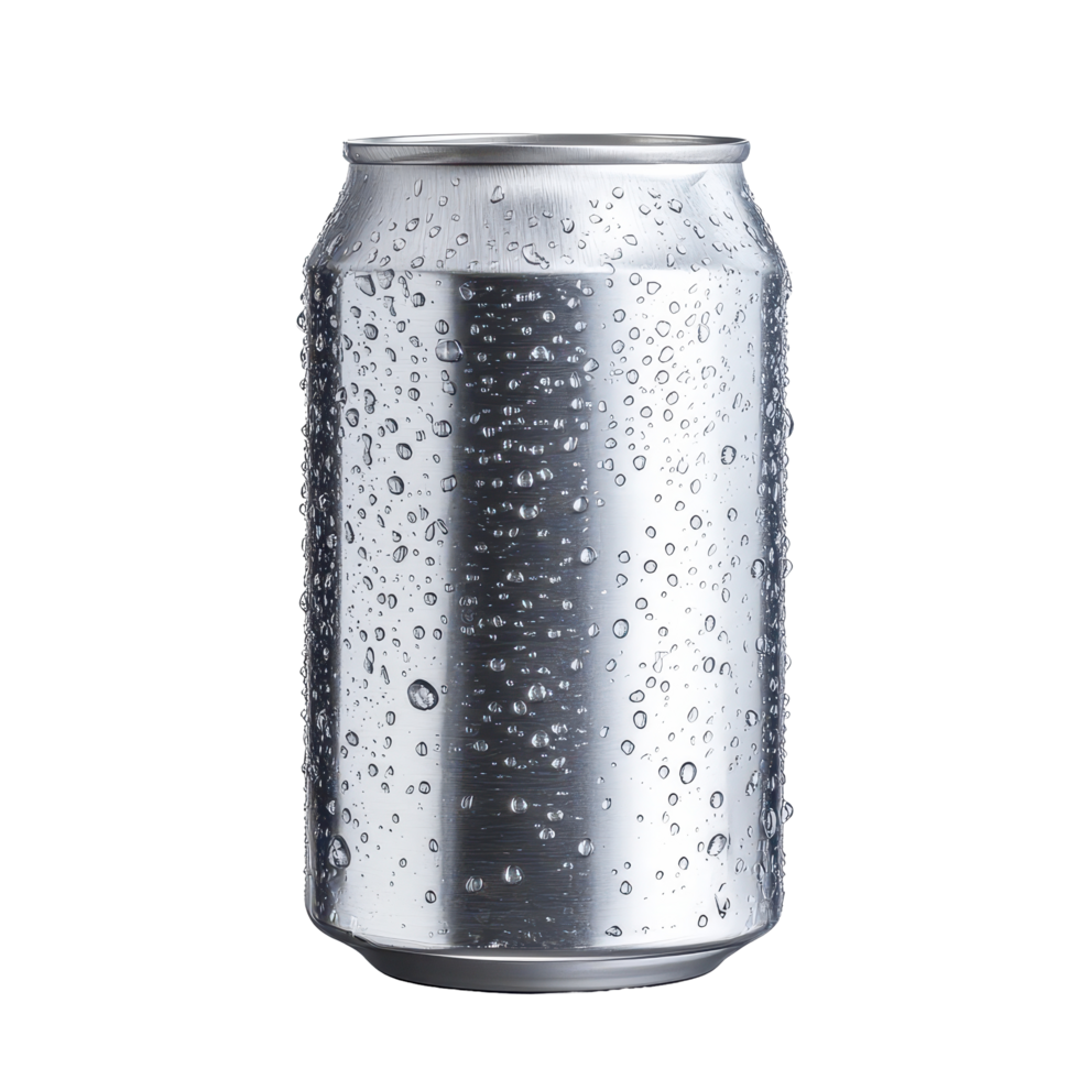 The aluminum can stands alone, glistening with condensation from the cool beverage inside, aluminum can without label with water drops isolated onisolated on transparent background png