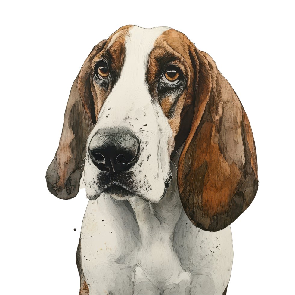 Artistic representation of a basset hound with striking facial features against a clean transparent background, Bas Hound, transparent background. png