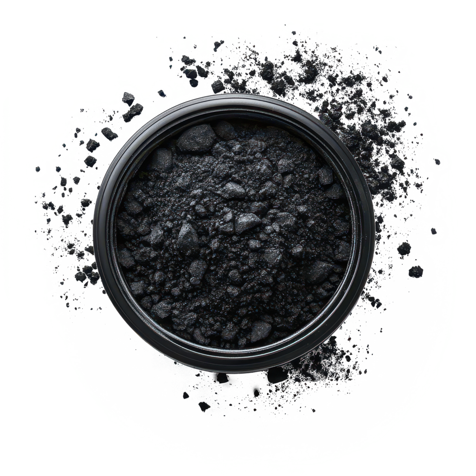 Activated charcoal powder in a black container with scattered residue on a clean transparent background, Activated charcoal powder isolated on transparent background png