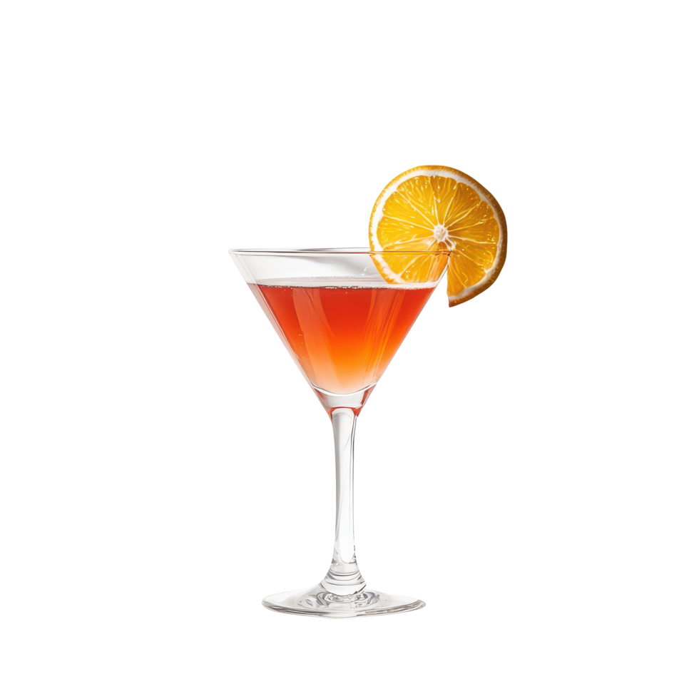 A refreshing cosmopolitan cocktail garnished with an orange slice on a bright, transparent background, a cosmopolitan cocktail drink, transparent background png