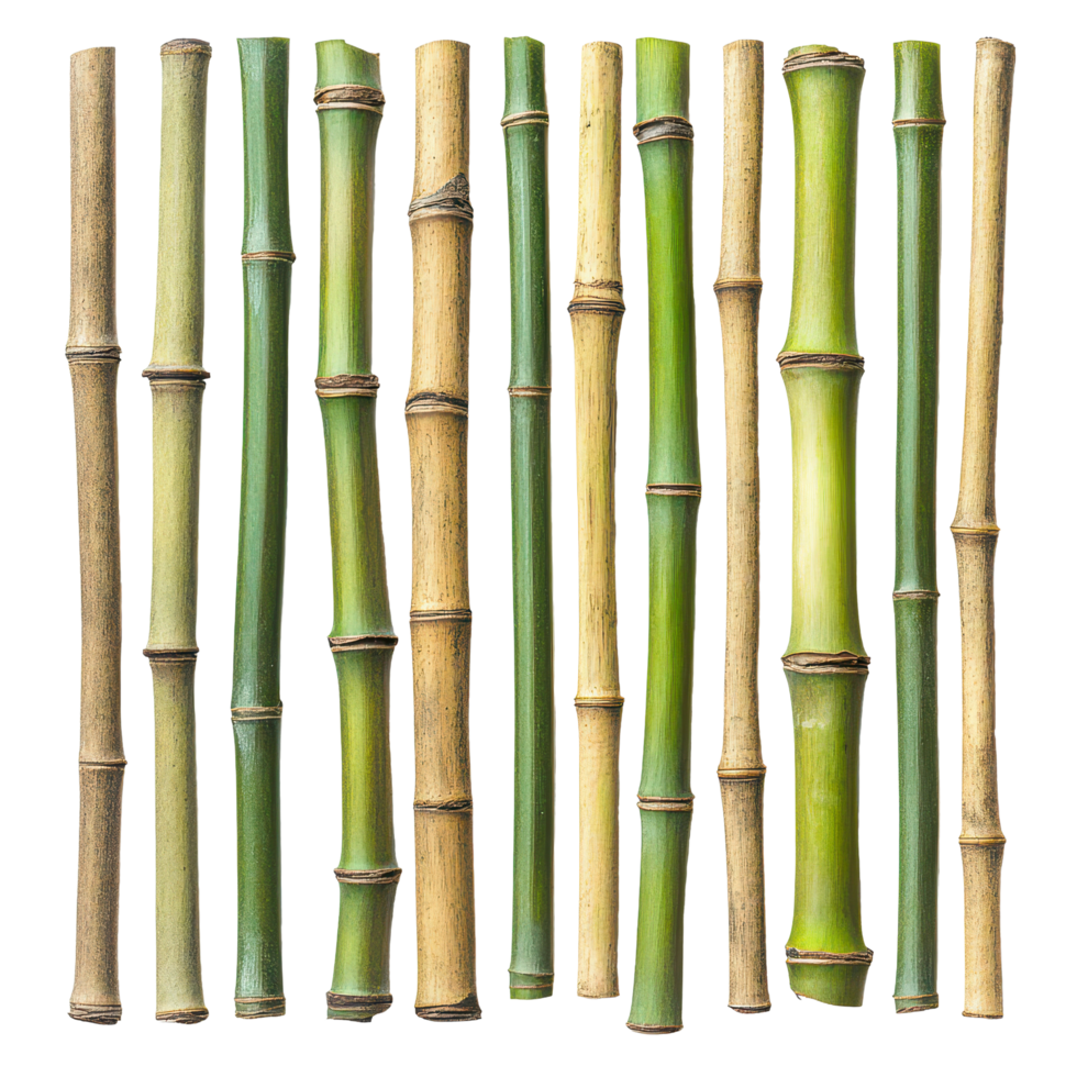 Sections of bamboo wood stalks isolated on a bright transparent background showcasing diverse shades and textures, bamboo wood stalks, sections, isolated on transparent background png