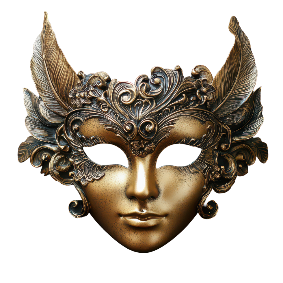 Elegant gold opera mask with intricate designs and feather accents displayed against a dark background, Beautiful gold opera mask png