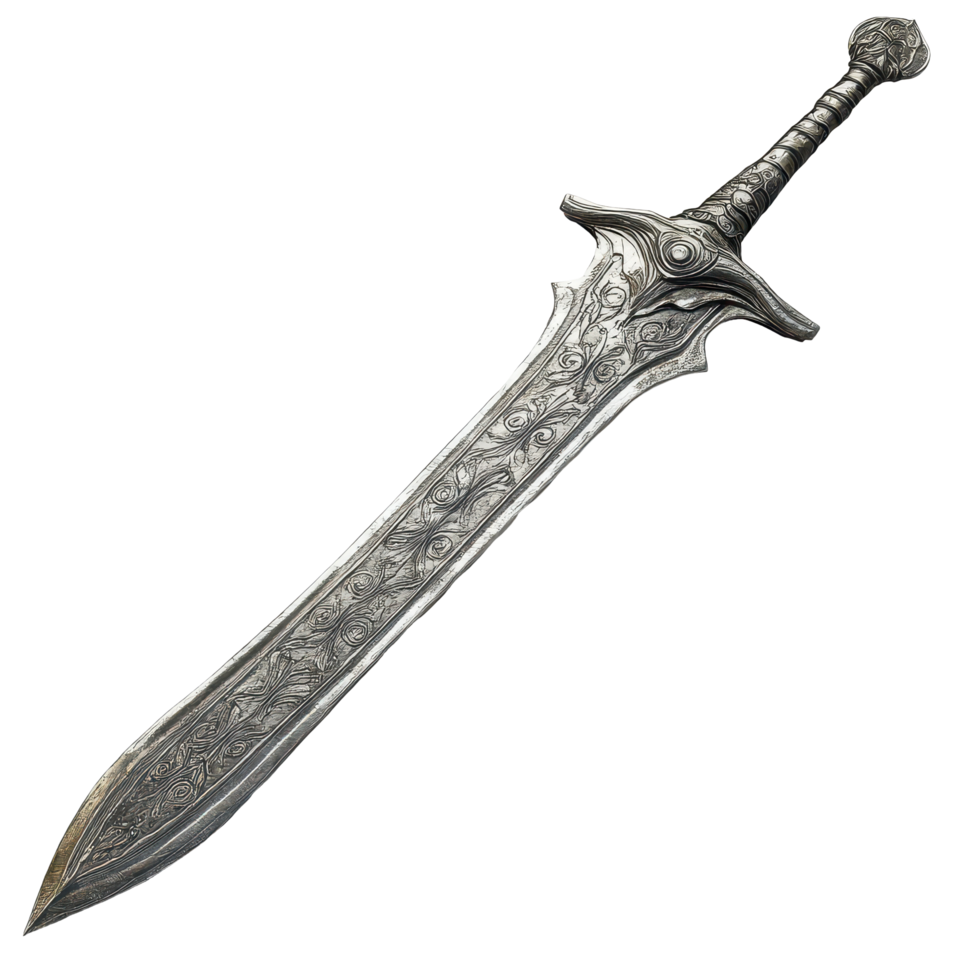 Ancient decorative metal sword with intricate design on a transparent background, Ancient Metal Sword with Design, transparent background. png