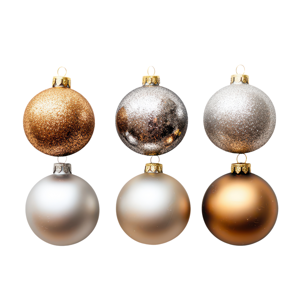 Elegant Christmas ornaments in gold, silver, and bronze displayed on a transparent background during the festive season, Beautiful Christmas balls on transparent background png