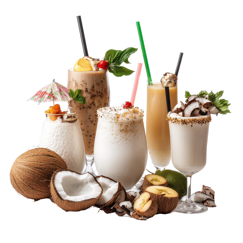 Delicious assortment of coconut drinks and fresh ingredients on a transparent background, Assorted Coconut Drinks on transparent background png
