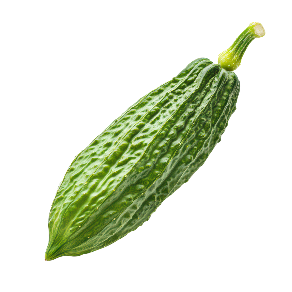 Fresh bitter gourd isolated against a transparent background, showcasing its unique texture and vibrant green color, Bitter gourd isolated on transparent background png