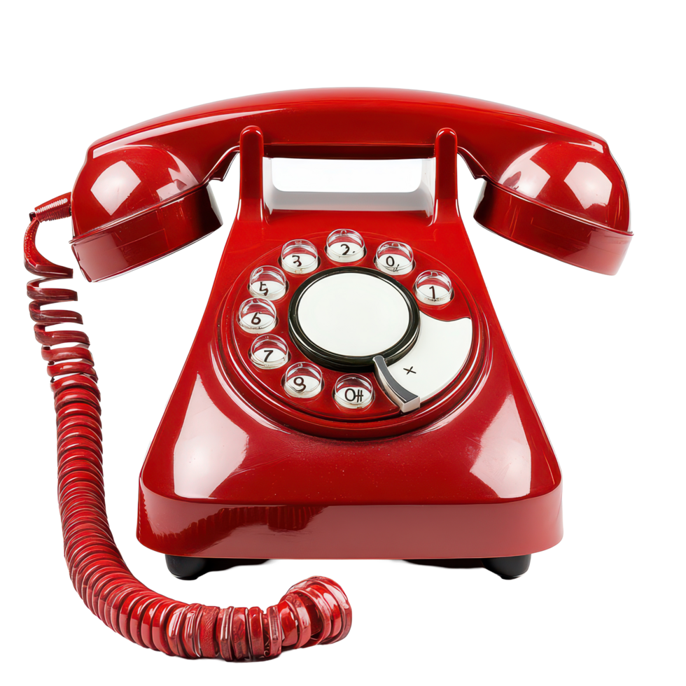 Old-fashioned red rotary telephone against a transparent background, evoking nostalgia and classic design, Answering an old fashioned red telephone, transparent background. png