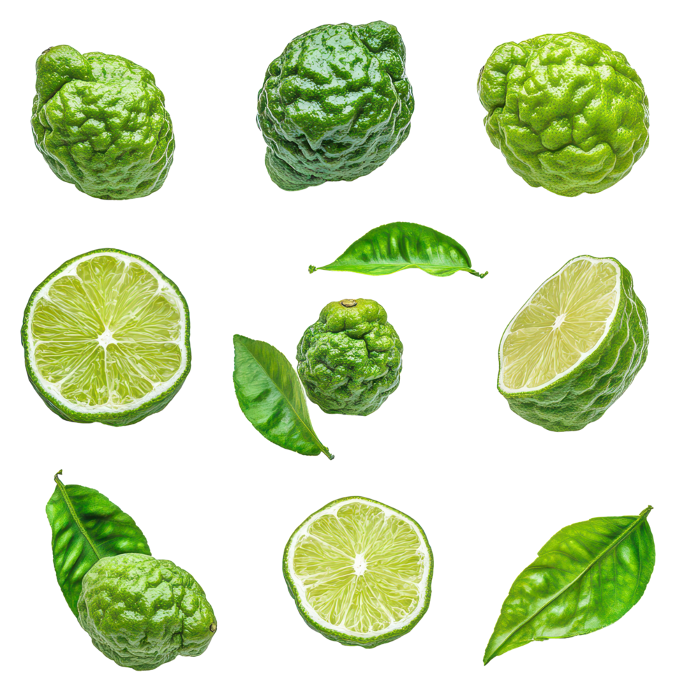 Fresh bergamot and Thai lime on a clean transparent background showcasing their unique texture and vibrant color, Bergamot or Thai lime isolated in transparent background png