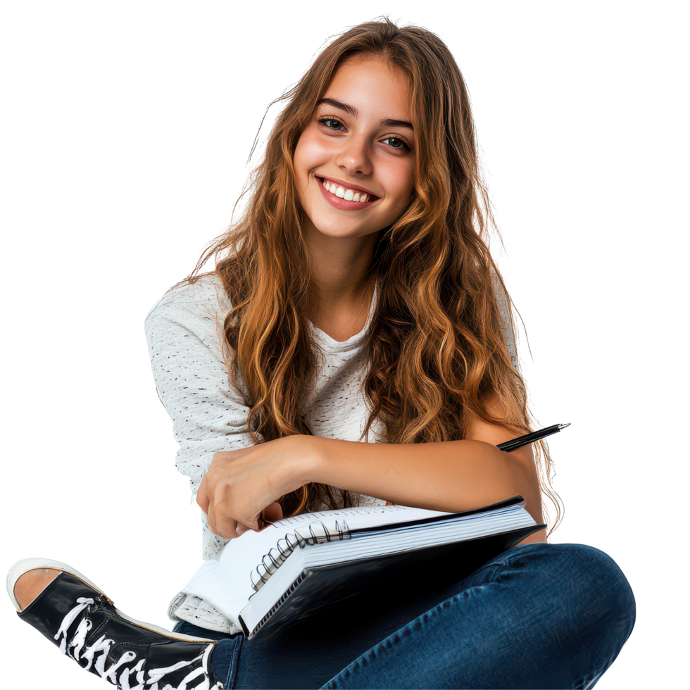 A cheerful girl student with a beautiful smile sitting with a notebook on a transparent background at her study space, Beautiful smile girl student with a notebook, transparent background. png