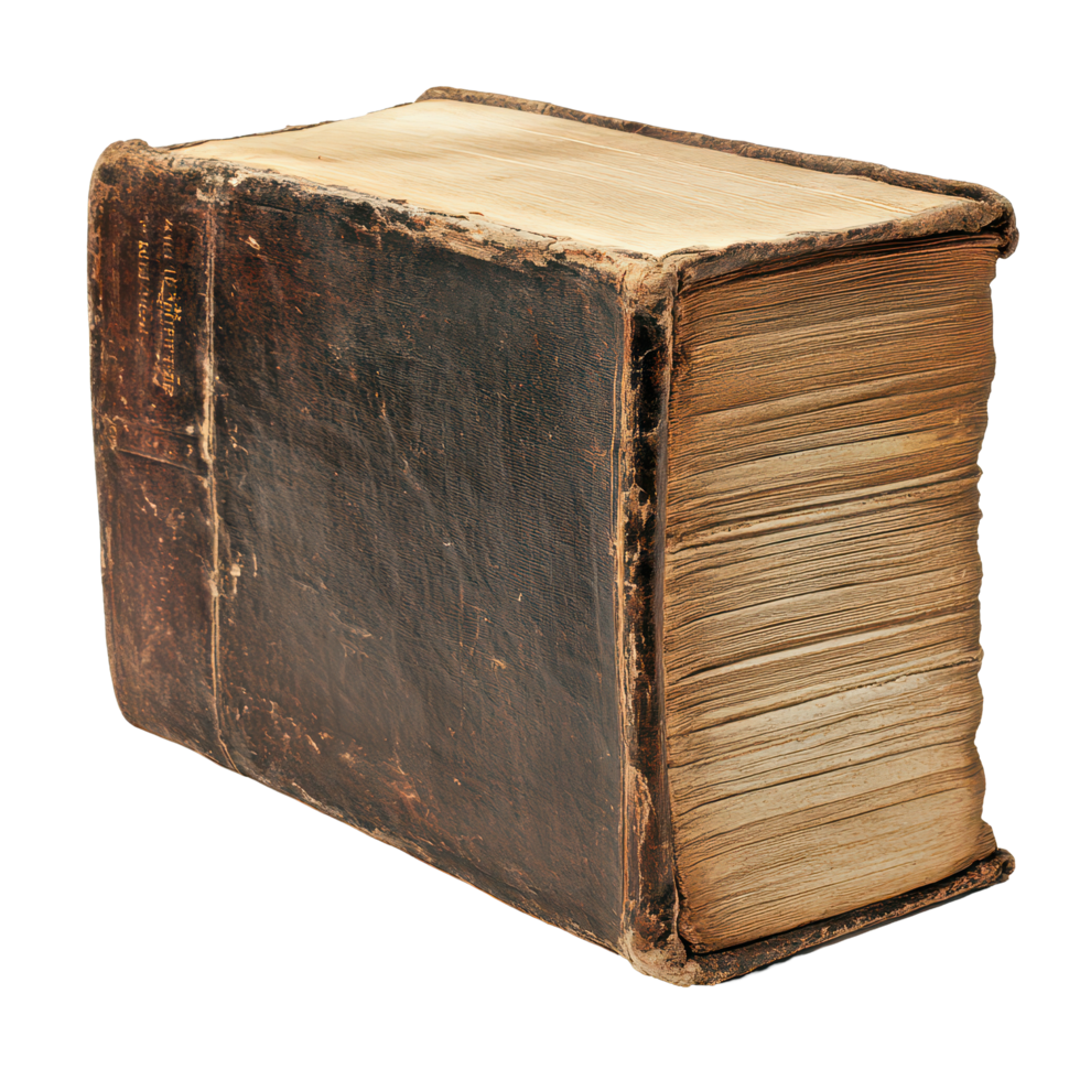 An antique book with a thick, weathered cover resting on a surface against a simple background, an old book with a very thick cover, transparent background png