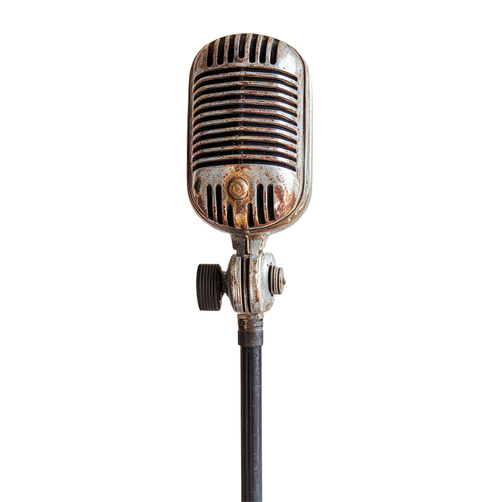Antique microphone in focus against a clean transparent background showcasing vintage design elements and craftsmanship, Antique Microphone in Focus, transparent background. png
