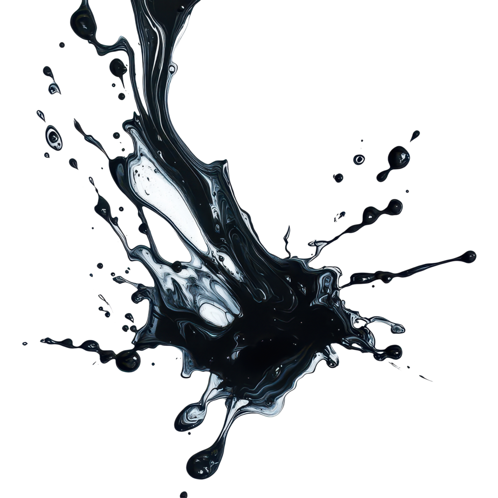 An abstract splash of black ink on a stark transparent background creating a dynamic visual contrast, Abstract Black Ink Splash On transparent background png