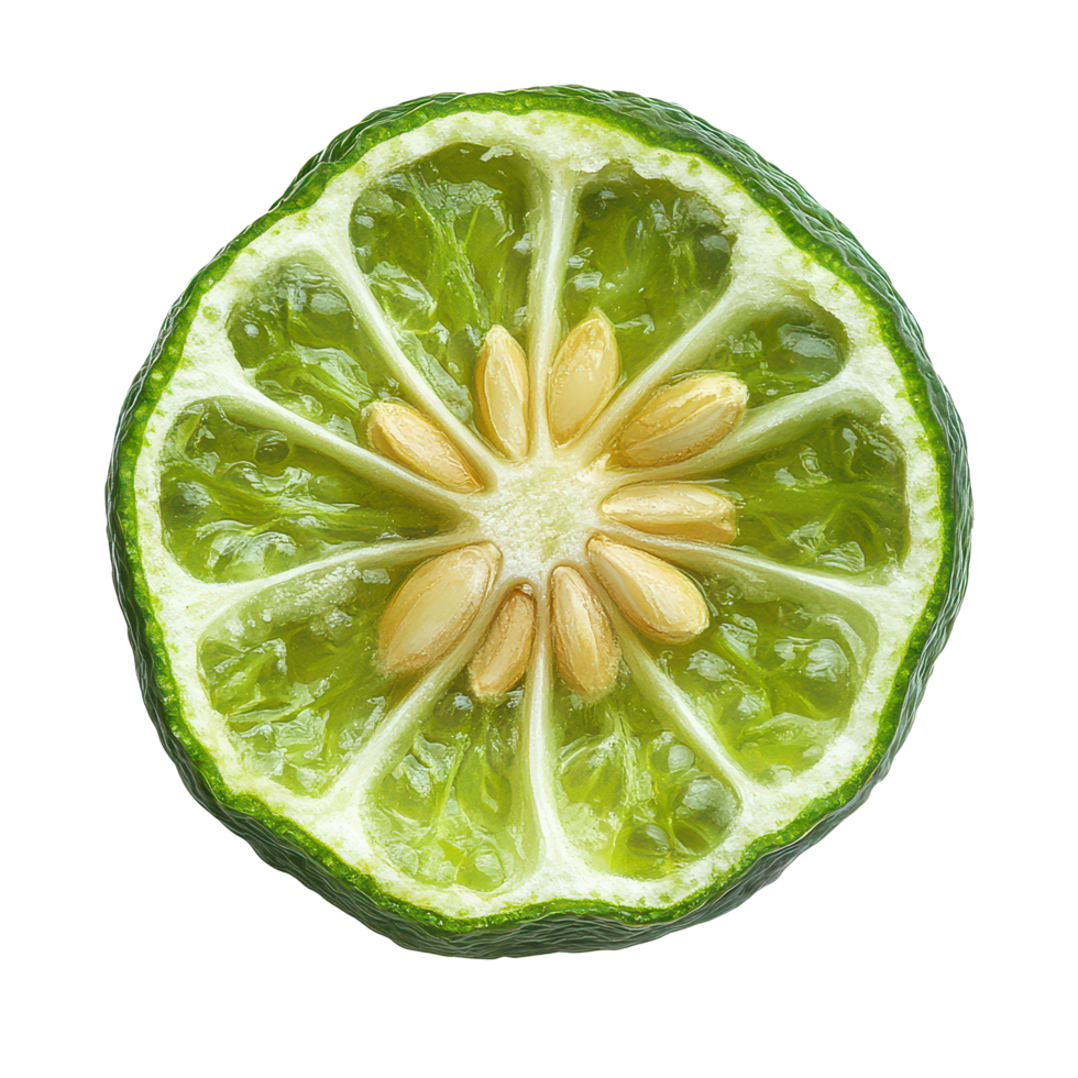 Half of a fresh bergamot lime showcasing seeds on a clean backdrop, A half of bergamot or Thai lime with seeds on transparent background png
