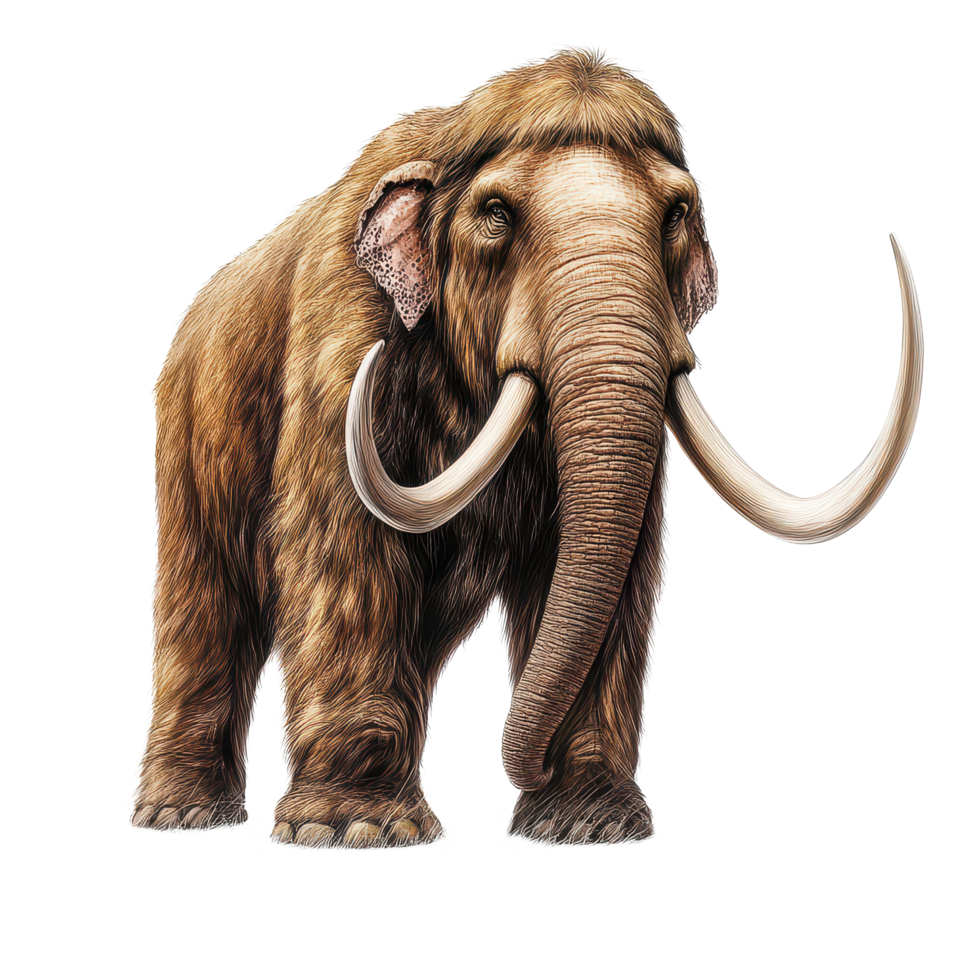 A detailed and realistic illustration of a mammoth standing on a transparent background with prominent tusks and fur, an realistic a mammoth, transparent background. png