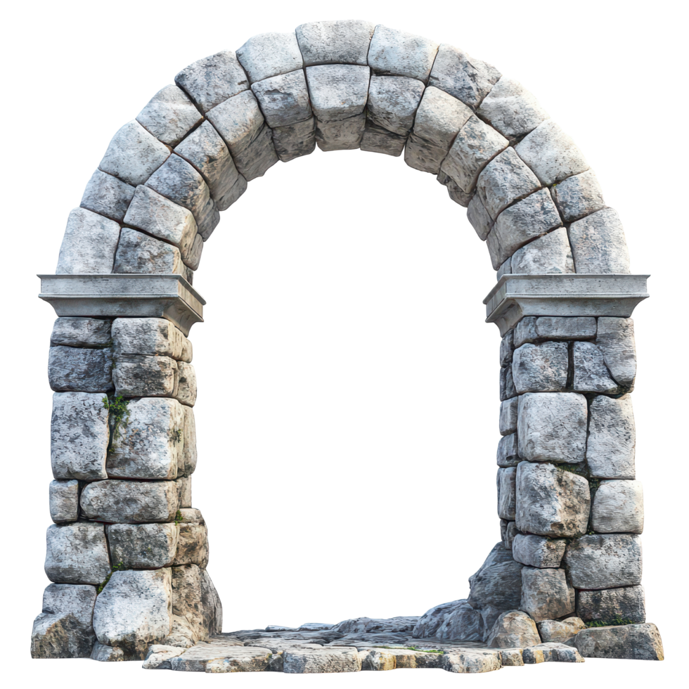 Ancient stone archway on a transparent background highlighting its architectural features and texture, Ancient Stone Archway - transparent background png