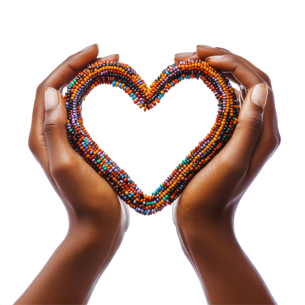 Hands adorned with a beaded bracelet forming a heart shape in a creative display of love and culture, African Hands with Beaded Bracelet Forming Heart Shape on transparent background png