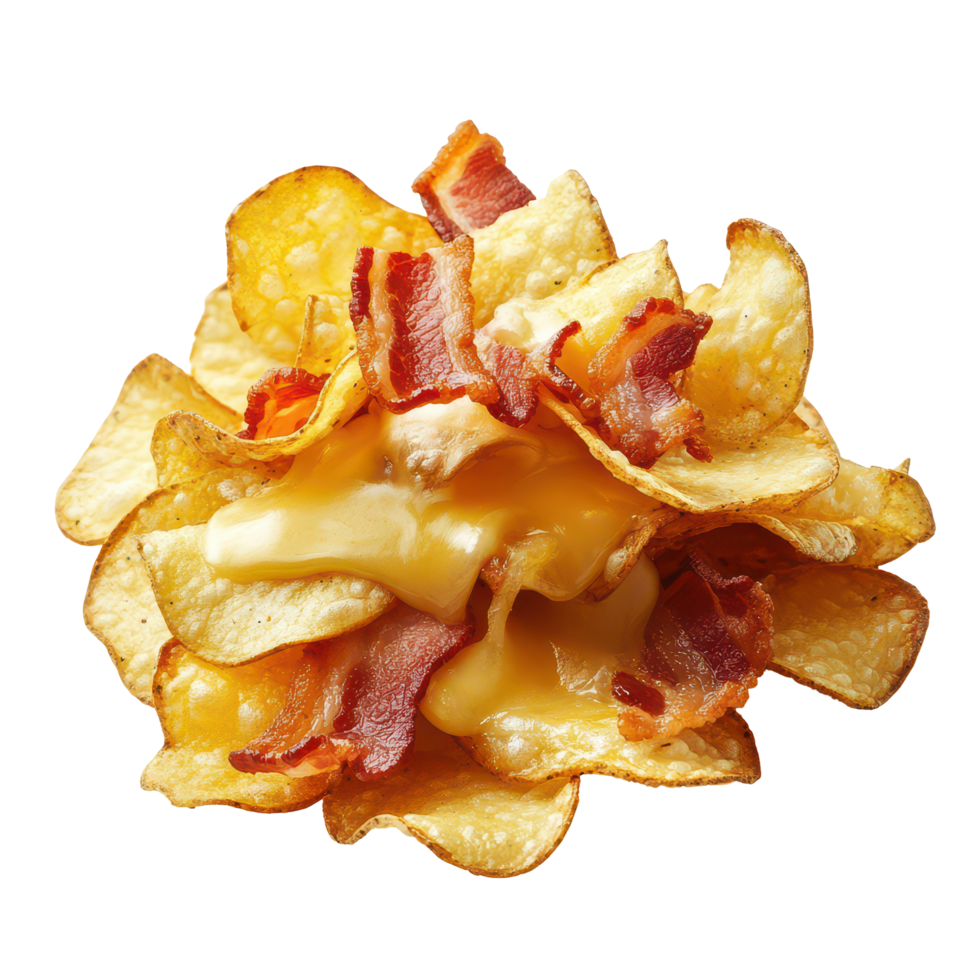Delicious serving of crispy potato chips topped with melted cheese and crispy bacon, perfect for snacking anytime, a serving potato chips with cheese and bacon, transparent background. png