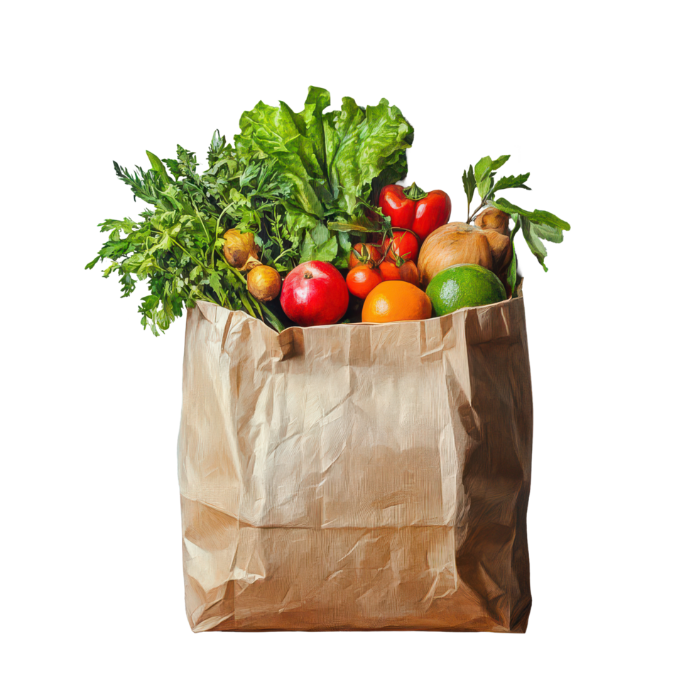 Fresh groceries in a brown paper bag filled with vegetables and fruits on a neutral backdrop, Bag groceries png
