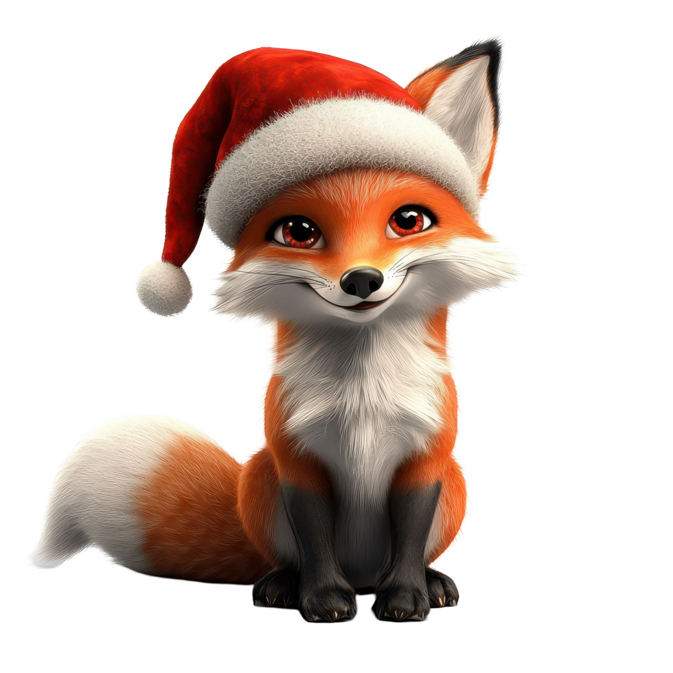 Cute cartoon fox wearing a Santa hat sitting on a transparent background ready for the festive season, 3D Cartoon Fox in Santa Hats on transparent background png