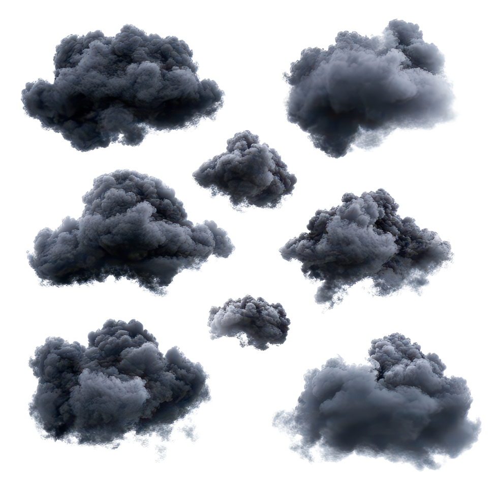 Black clouds isolated against a transparent background creating a striking contrast in visual impact and mood, Black clouds isolated on transparent background png