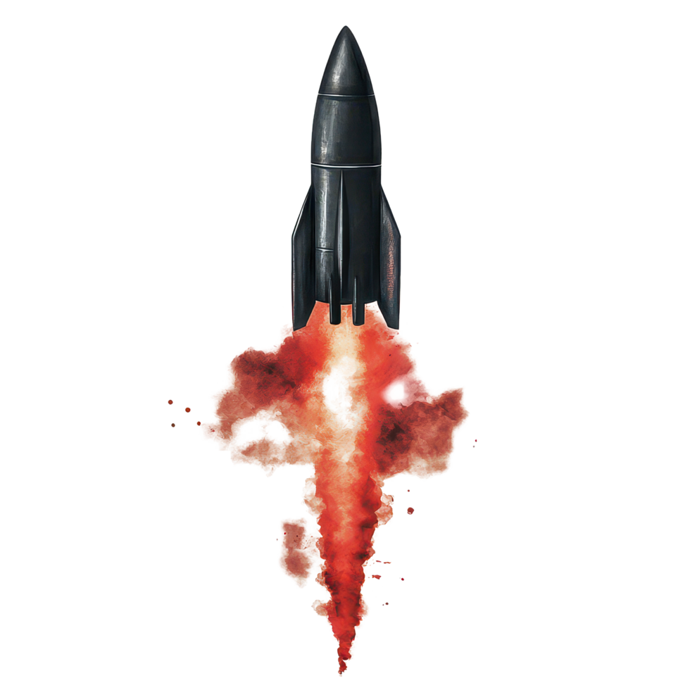 Black rocket launching with a vibrant red tail and smoke during a thrilling ascent, black rocket with a red tail and smoke coming out it, transparent background. png