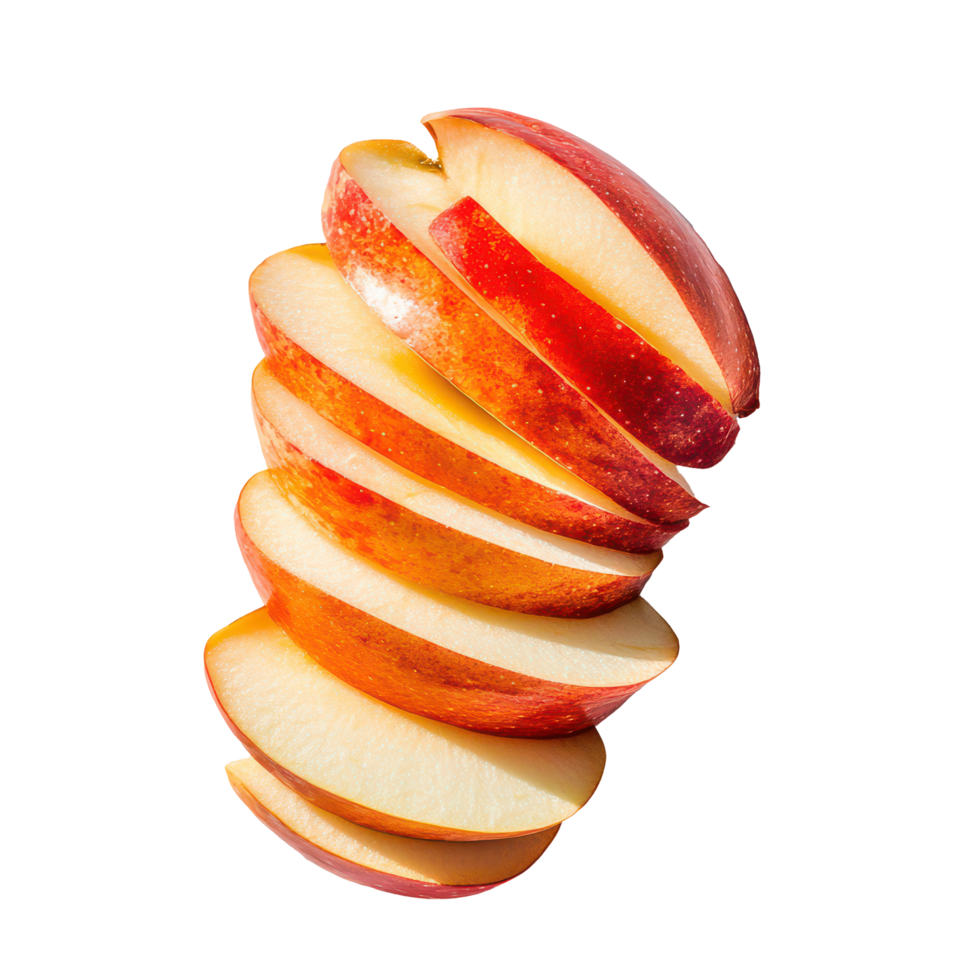 Freshly sliced apple pieces arranged neatly on a clean surface for a bright and inviting display, Apple slices on transparent background png