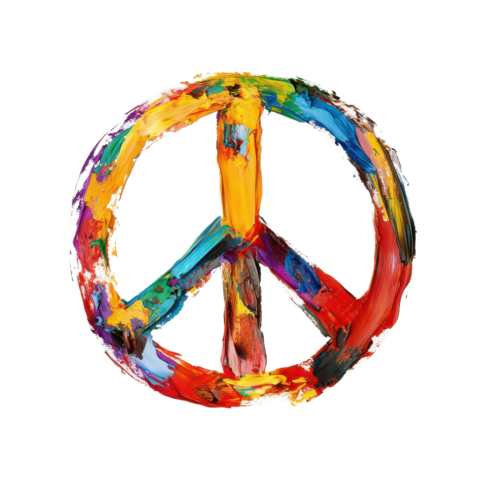 Colorful peace sign painted with vibrant hues representing unity and hope on a transparent background, a colorful peace sign painted with paint isolated, transparent background. png