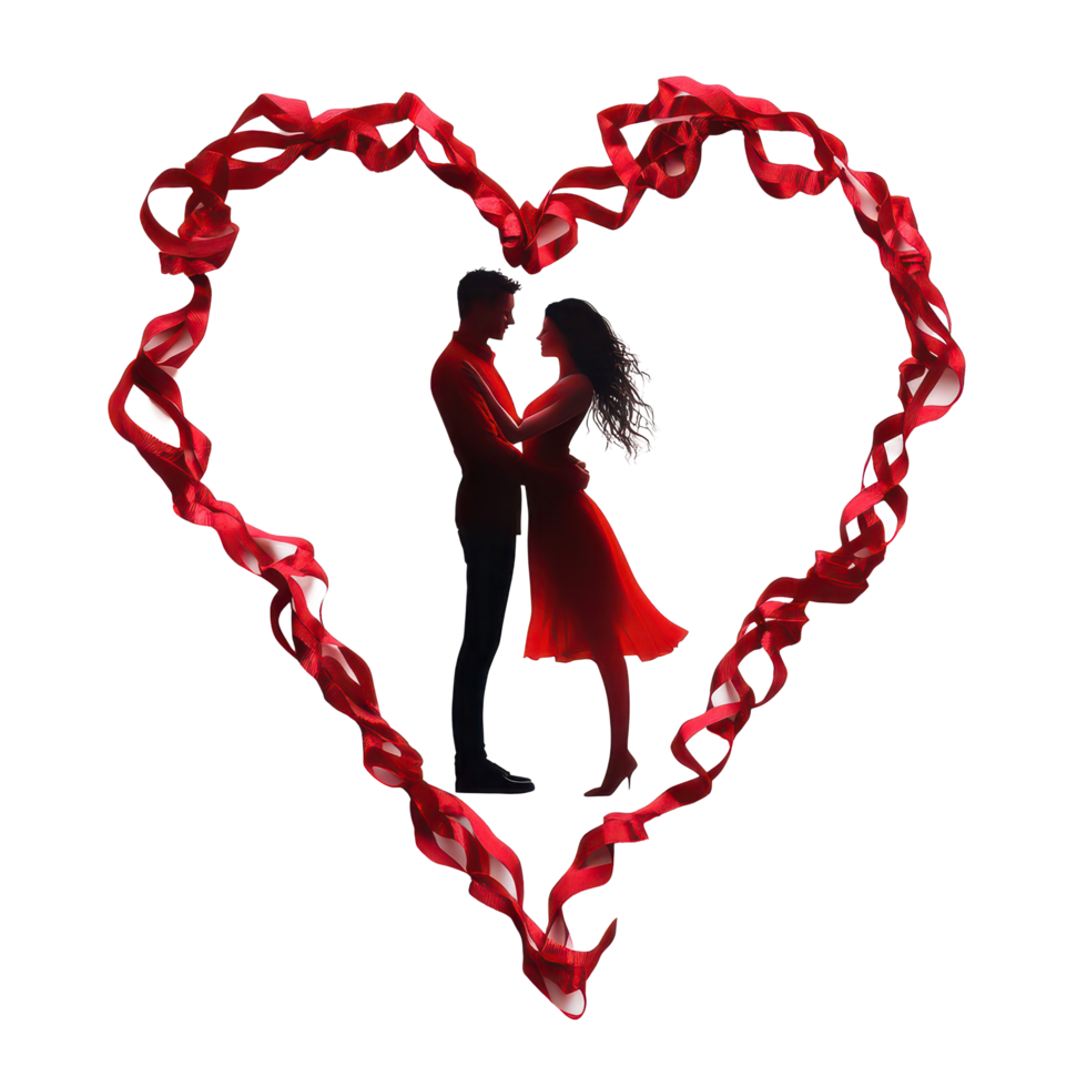 A couple embraces in a heart shape surrounded by red ribbons, celebrating love and connection in a creative display, a couple are embracing in a heart shape isolated, transparent background. png