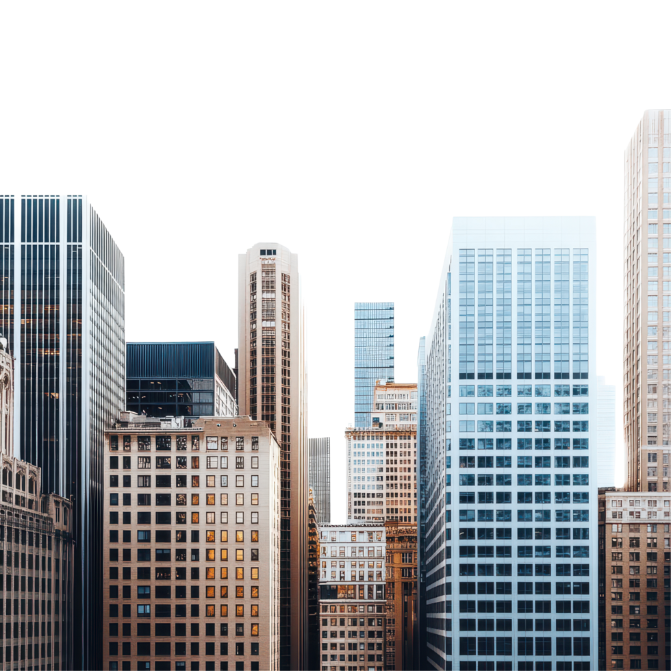 Modern city skyline featuring tall buildings closely grouped against a clear sky in the heart of downtown, a city skyline with tall buildings in close proximity, transparent background. png