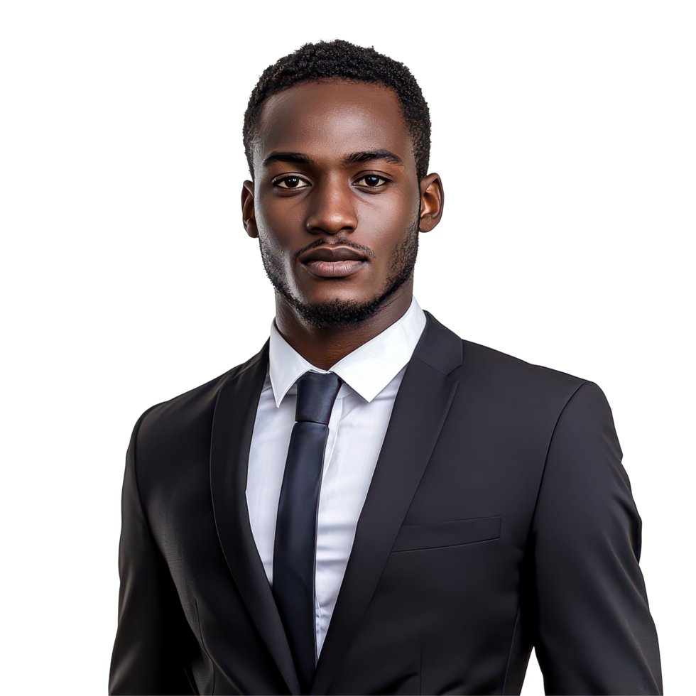 Confident African businessman in a formal suit posing against a transparent background for professional presentation, African business man isolated on transparent background png