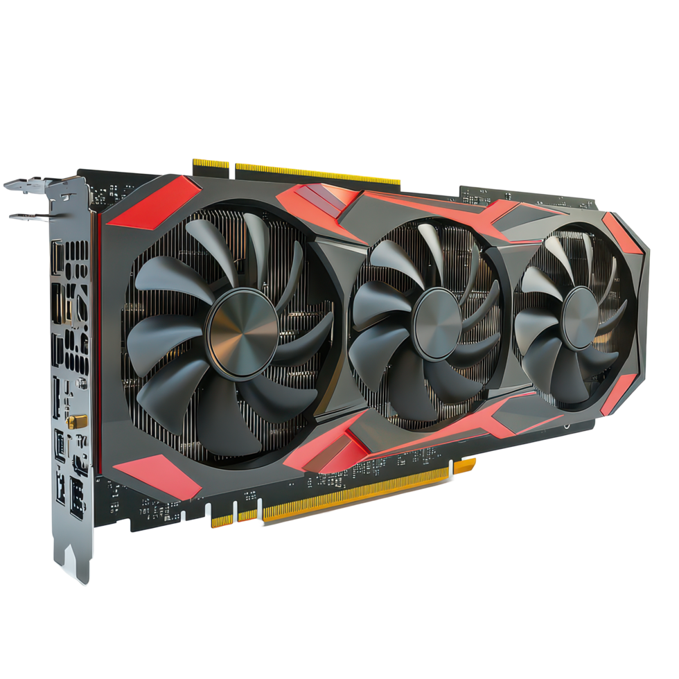 High-performance graphics card displayed on a clean background with striking design elements for modern computing, A modern computer graphics card, transparent background. png