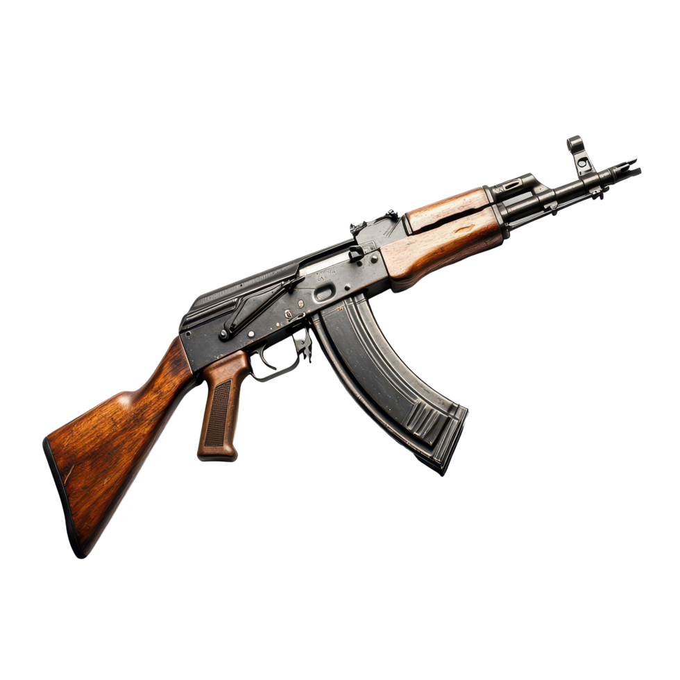 An assault rifle displayed against a stark transparent background, highlighting its features and design intricacies, AK-47 Assault Rifle on transparent background png