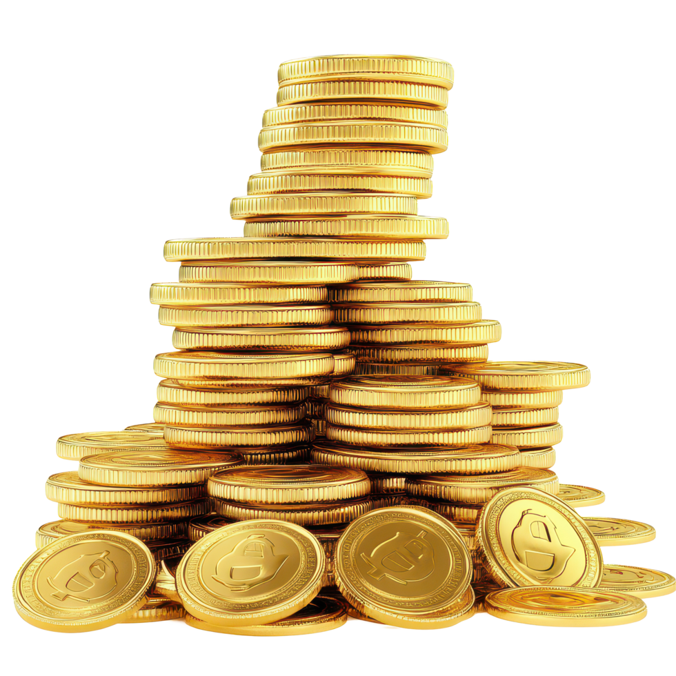 Cartoon stacks of shiny gold coins on a clean transparent background, illustrating wealth and savings in a playful manner, 3D Cartoon Stacks Gold Coins On transparent background png
