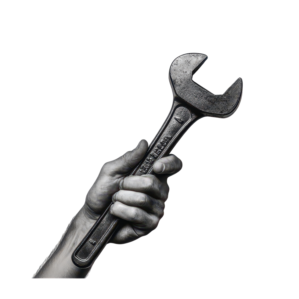 A black hand firmly gripping a large wrench against a clean transparent background, Black Hand Holding Wrench on transparent background png